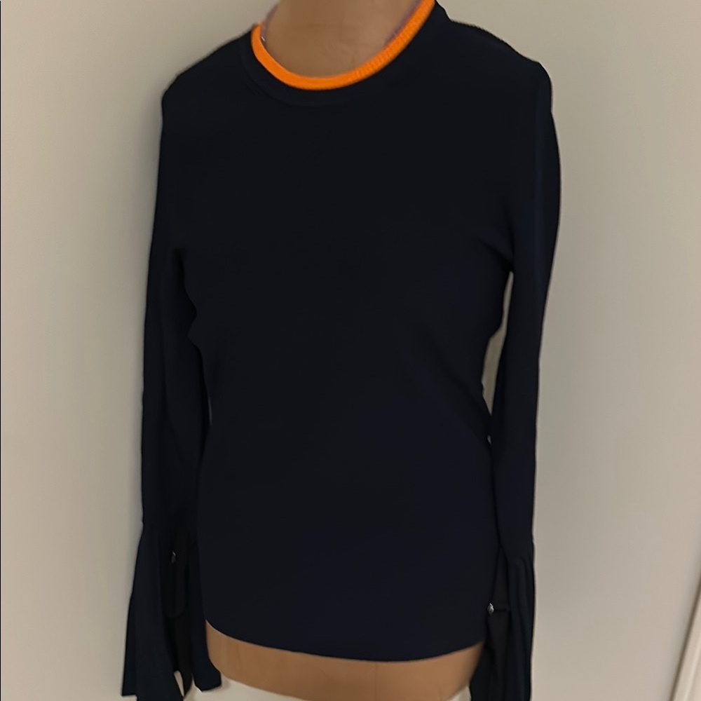 3-1 Phillip Lim Women's Navy and Orange Trim Pleated Pullover Top